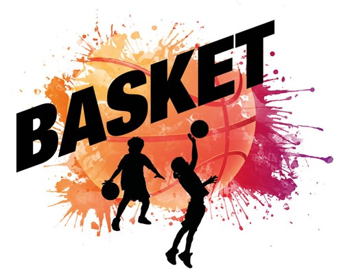Svart text i versaler BASKET över en orange basketboll med två silhuetter av människor som spelar basket