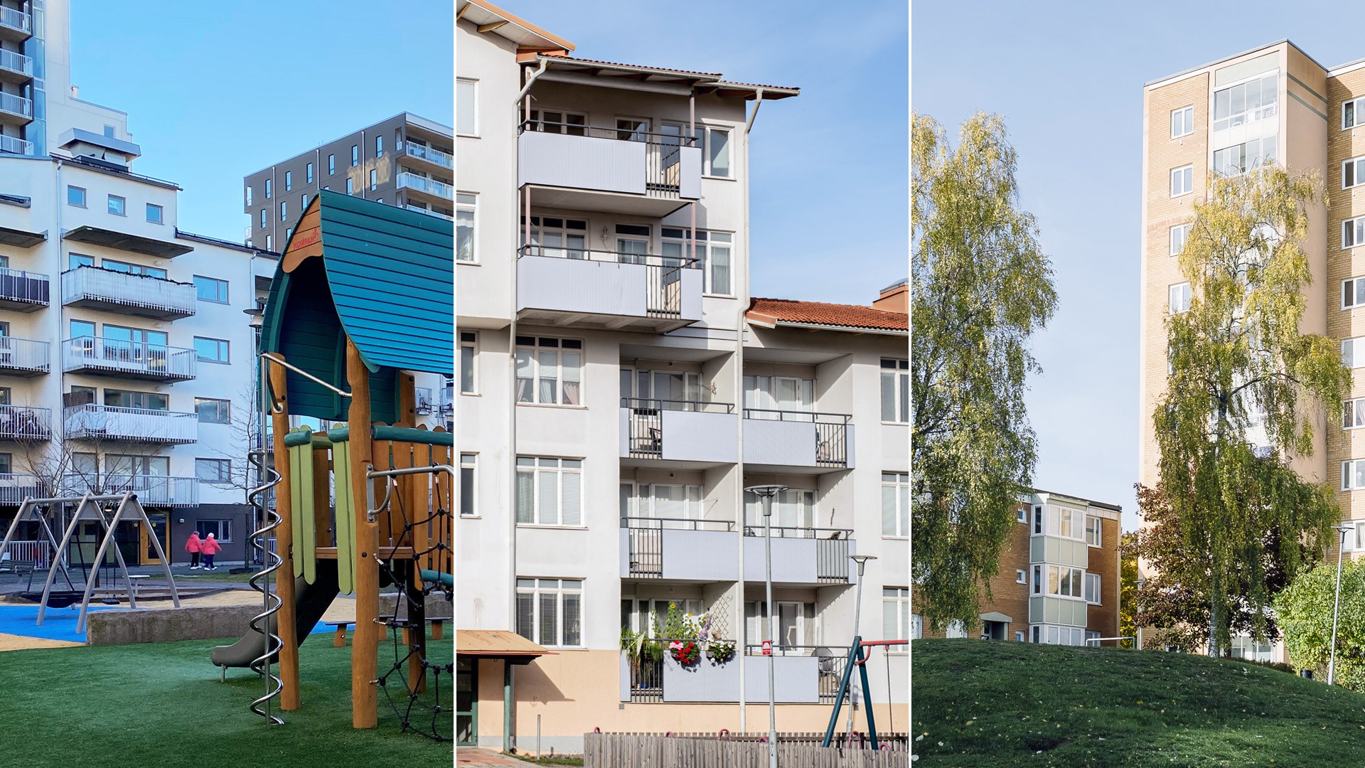 Kollage av tre foton som visar flerfamiljshus i flera våningar
