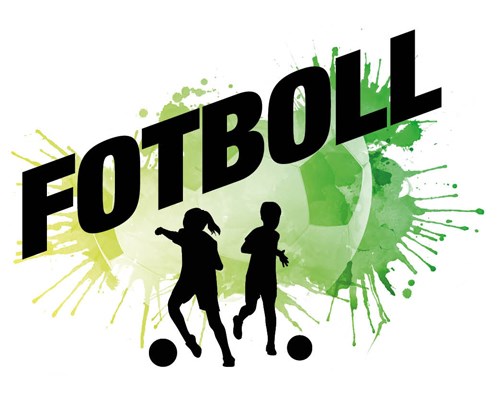 Svart text i versaler FOTBOLL över en grön fotboll med två silhuetter av människor som spelar fotboll