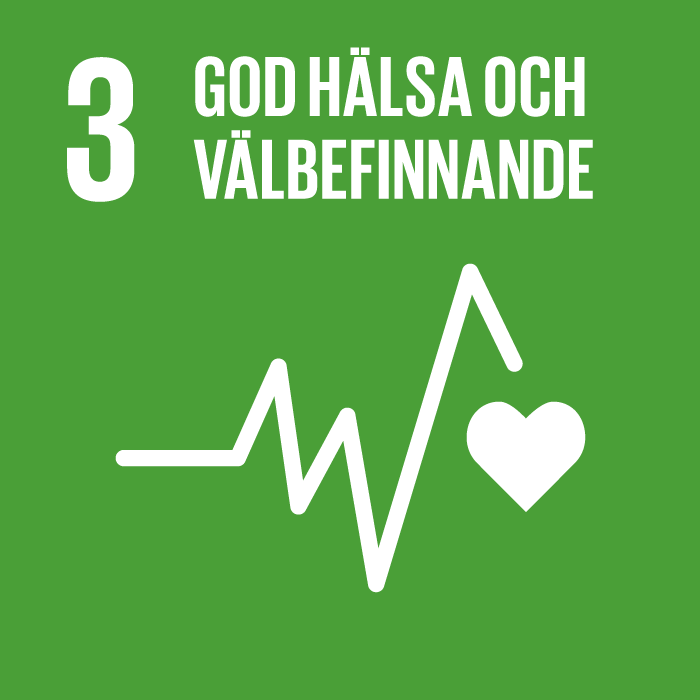 Grön bakgrund, vit ikon med pulslinje och hjärta, text 3 God hälsa och välbefinnande 