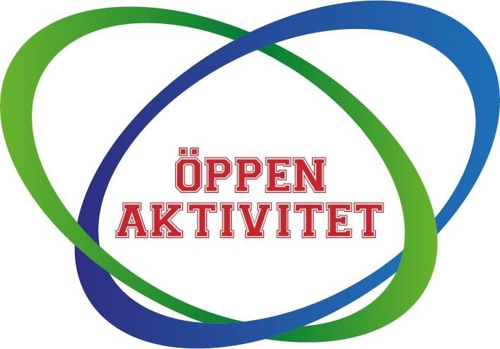 Logo för Öppen aktivitet. Två ellipser, en grön och en blå. Röd text innanför ellipserna i versaler